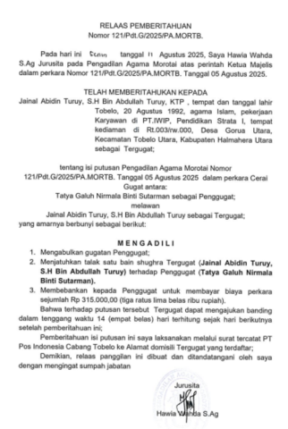RELAAS PEMBERITAHUAN AMAR PUTUSAN Nomor 121/Pdt.G/2025/PA.MORTB. 