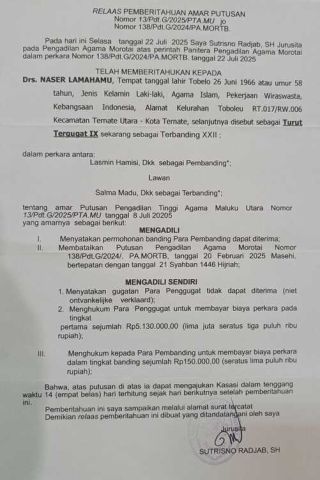 RELAAS PEMBERITAHUAN AMAR PUTUSAN Nomor 13/Pdt.G/2025/PTA.MU jo Nomor 138/Pdt.G/2024/PA.MORTB.