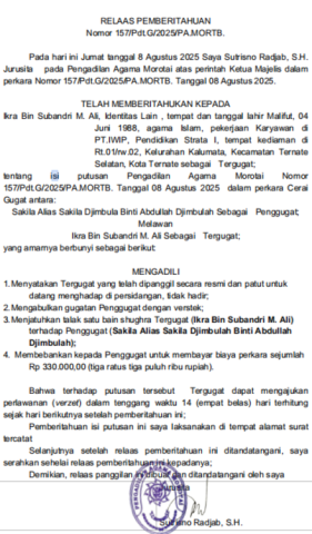 RELAAS PEMBERITAHUAN Nomor 157/Pdt.G/2025/PA.MORTB.