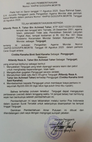 RELAAS PEMBERITAHUAN Nomor 164/Pdt.G/2025/PA.MORTB.